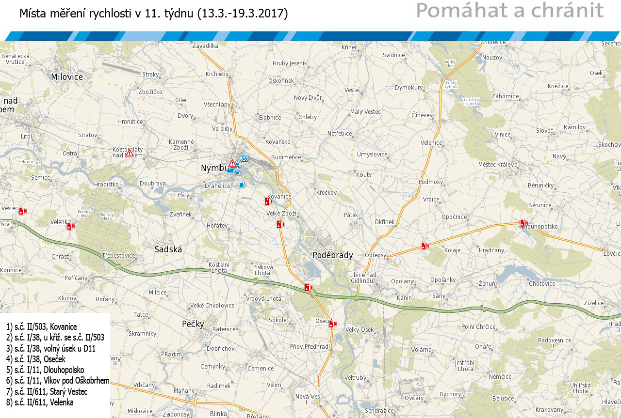 Mapa míst měření rychlosti na 11. týden